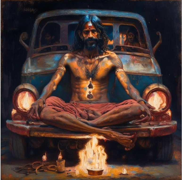 Промт: Индийский йог с нарисованным на груди сердцем, сидящий на литом автомобильном диске с двумя горящими бенгальскими огнями в руках.