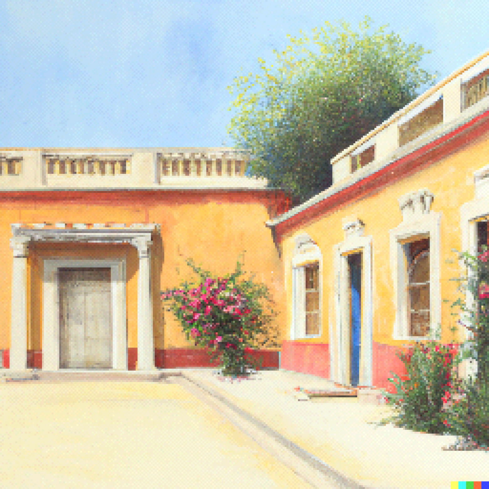 "Фасад мексиканской гасиенды в солнечный день, 2,5d (псевдотрёхмерность) модернистская живопись"