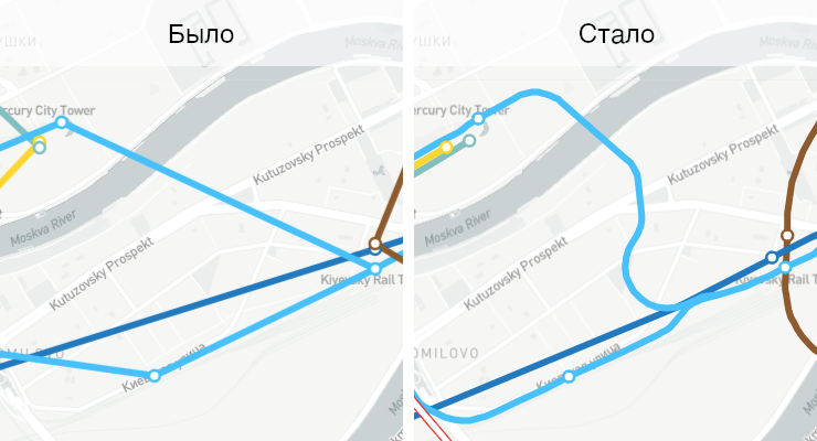 Было: станции “Деловой центр” Солнцевской и Большой Кольцевой линий, а также станций станции “Киевская” Кольцевой и Арбатско-Покровской линий практически сливаются.