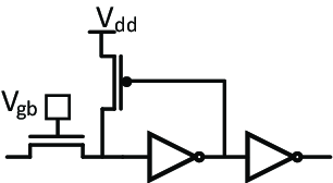Проходной ключ с подтягивающим буфером (pmos должен быть длинноканальным, чтобы обеспечивать только достаточно маленький ток и не мешать переходу 1->0)