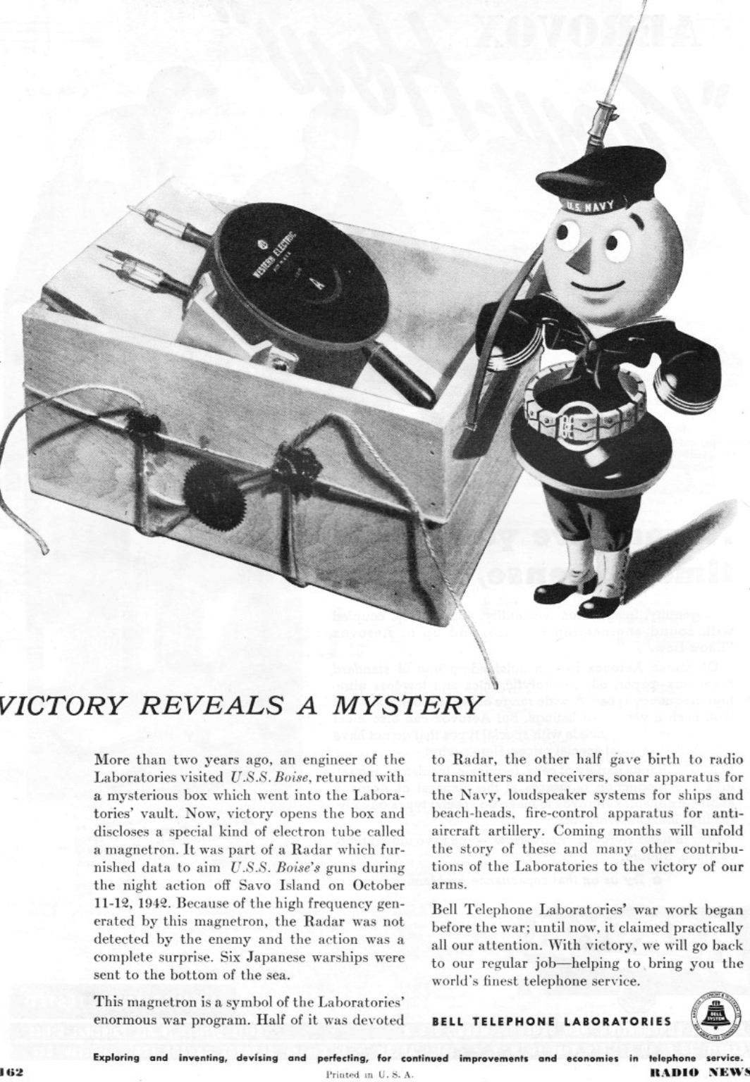 Реклама Bell Telephone Laboratories описывающая магнетрон — часть радара, 1945 г.