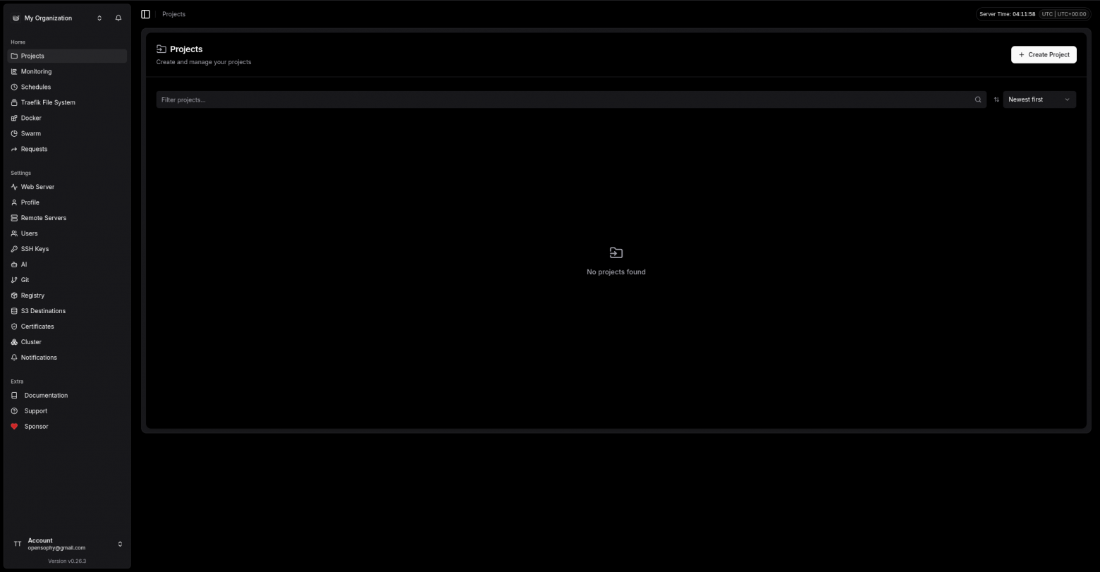 После setup'а вы попадаете в сам уже dokploy