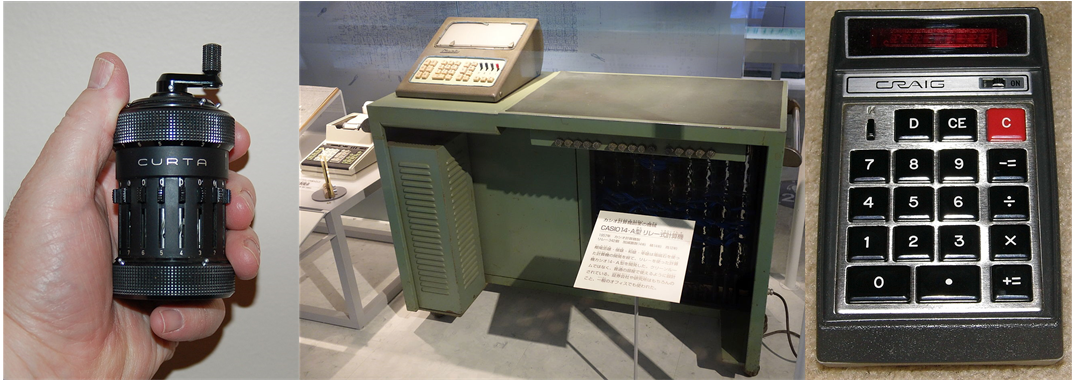 Слева-направо. Curta – карманный арифмометр 1948, Casio 14-A 1957 год, калькулятор 901B фирмы Bomwar 1971
