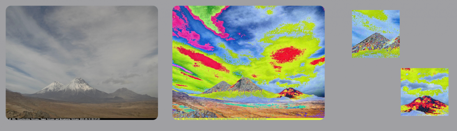 Так выглядят поэтапно обработанные с помощью ColorJitter кадры. Конкретно эта камера снимает Ключевской и Безымянный, поэтому изображения получилось два.