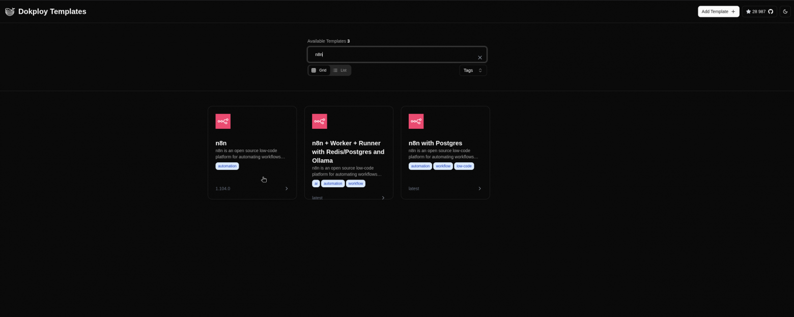 Переходим на сайт (либо в шаблоны быстрое разворачиваем) и выбираем нужный стек с n8n, мне он нужен без БД поэтому я выбираю первый.
