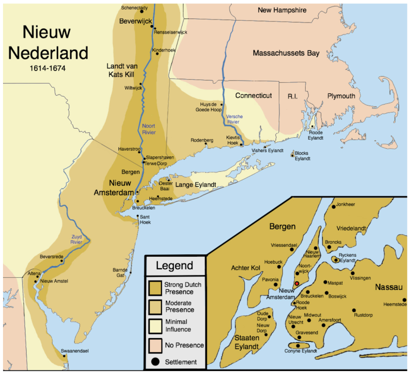 Карта Новых Нидерландов. Большинство нидерландских поселений находились на территории современного Нью-Йорка