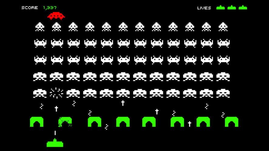 Снимок экрана 8-битной видеоигры Space Invaders. 1978.