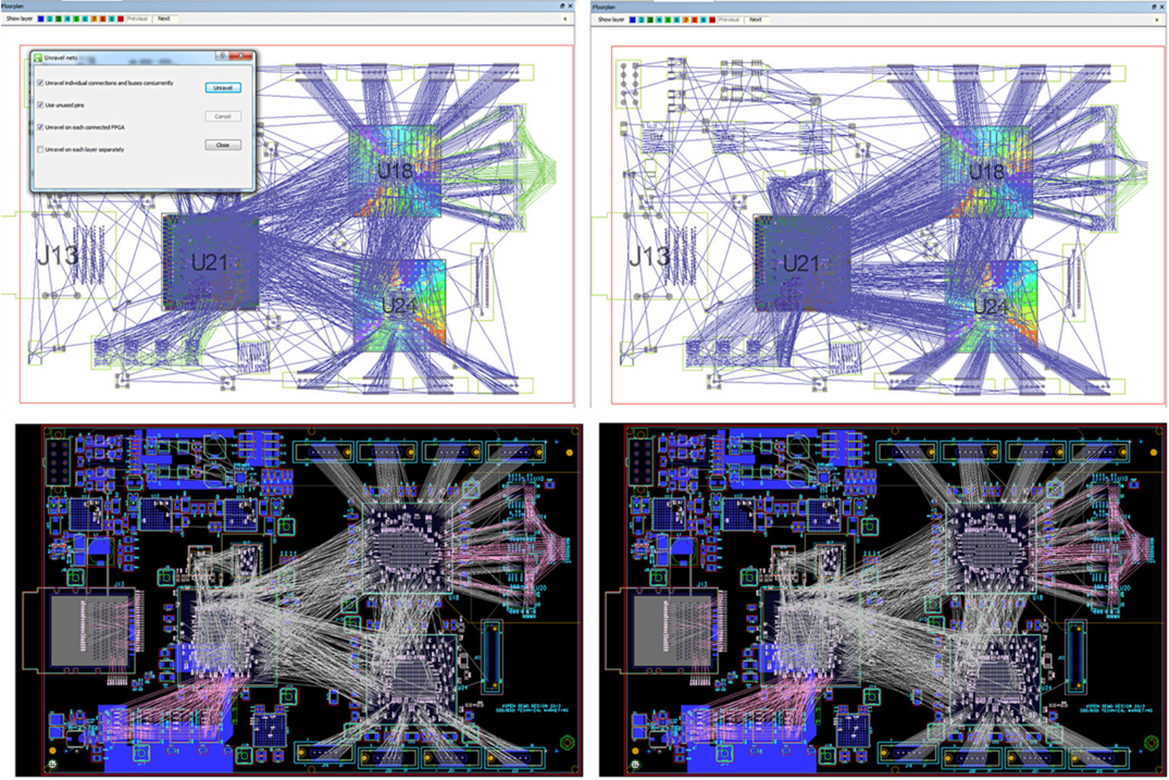 Рисунок 4: Оптимизация выводов с использованием Xpedition FPGA I/O Optimizer. Слева – до оптимизации, справа – после.