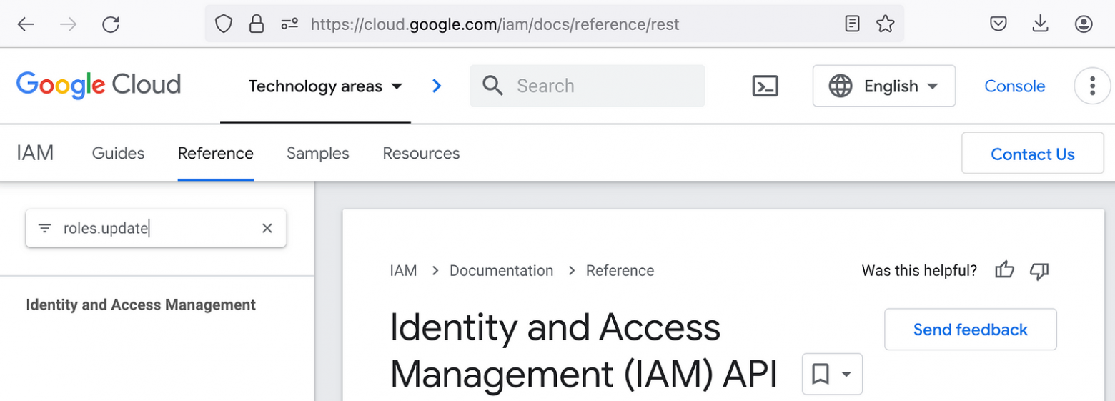 Ничего не найдено для “roles.update” в документации REST для сервиса IAM в Google Cloud.