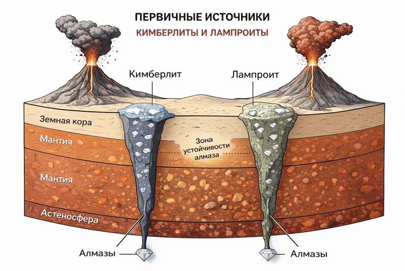 Кимберлитовые и лампроитовые вулканические трубки — первичные источники алмазов. Алмазы формируются глубоко в мантии. На поверхность их доставляют взрывные подъемы магмы. Магма поднимается быстро, вырывает фрагменты мантии вместе с алмазами, формируя вертикальную трубку (морковкообразный канал). В верхней части трубка расширяется и может образовывать кратер. Позже эрозия разрушает поверхностные формы, и для добычи остается тело трубки в земной коре.