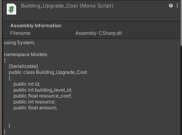 Fig. 2. Screenshot of the data structure description for the JSON-config cost of upgrading buildings in Unity
