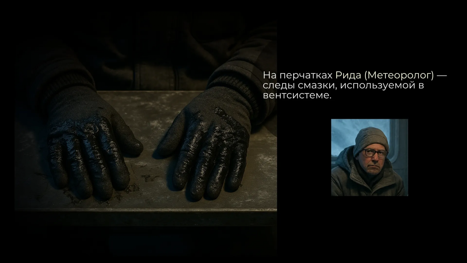 E6: На перчатках Рида — следы смазки, используемой в вентсистеме.