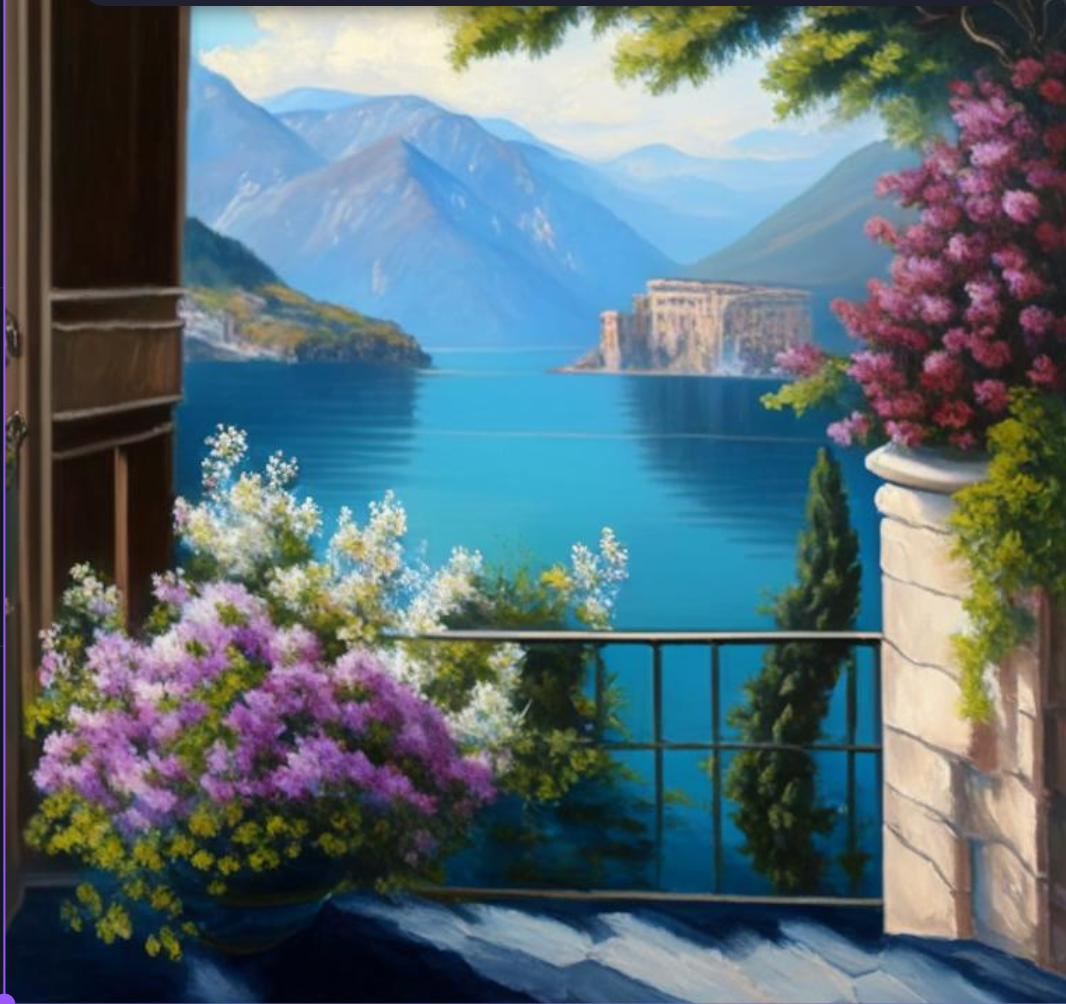 промт: view from the balcony, flowers, Italian mountain lake, Acrylic paints style