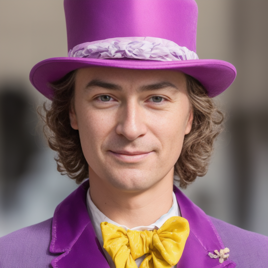 smirking Willy Wonka, 35 y.o., high detailed skin, skin pores, 8k uhd, dslr, soft lighting, high quality, Fujifilm XT3Negative prompt: (semi-realistic, cgi, 3d, render, sketch, cartoon, drawing, anime:1.4), text, close up, cropped, out of frame, worst quality, low quality, jpeg artifacts, ugly, duplicate, morbid, mutilated, extra fingers, mutated hands, poorly drawn hands, poorly drawn face, mutation, deformed, blurry, dehydrated, bad anatomy, bad proportions, extra limbs, cloned face, disfigured, gross proportions, malformed limbs, missing arms, missing legs, extra arms, extra legs, fused fingers, too many fingers, long neck, wearing glassesSteps: 150, Sampler: Euler a, CFG scale: 2, Seed: 2144662986, Face restoration: CodeFormer, Size: 512x512, Model hash: e6415c4892, Model: realisticVisionV20_v20, Denoising strength: 0.7, Hires upscale: 2, Hires upscaler: Latent