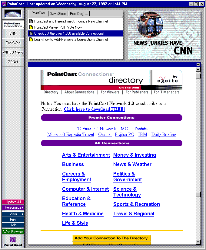 Интерфейс PointCast Network в 1997 году. Интерфейс PointCast Network в 1997 году.