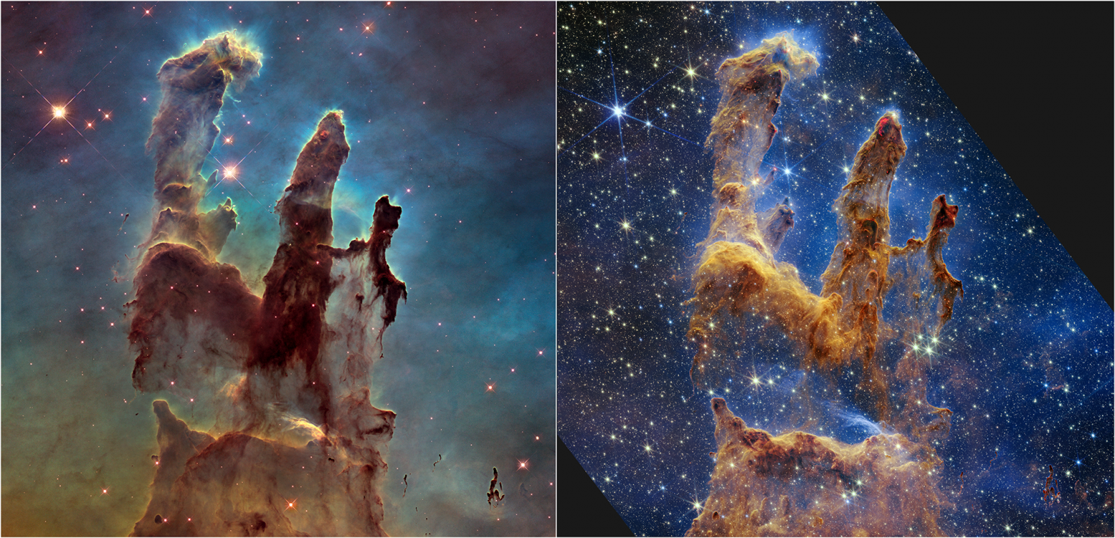 Скопление пыли и газа «Столпы Творения». Слева снимок «Хаббла», справа — «Джеймса Уэбба»
