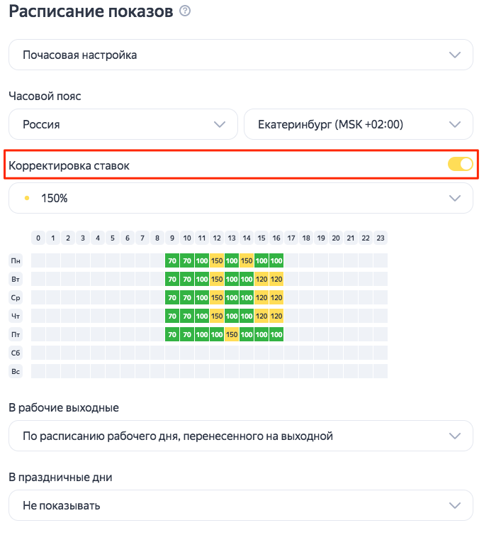 Второй вариант — управление коэффициентами. В некоторые часы можно повысить коэффициент, чтобы показывать объявления большему числу людей. Если на велосипеды высокий спрос в выходные, можно выставить коэффициент 150% на субботу и воскресенье. Тогда при ставке клика в 300 вы заплатите 450 , но зато получите больше заявок Второй вариант — управление коэффициентами. В некоторые часы можно повысить коэффициент, чтобы показывать объявления большему числу людей. Если на велосипеды высокий спрос в выходные, можно выставить коэффициент 150% на субботу и воскресенье. Тогда при ставке клика в 300 вы заплатите 450 , но зато получите больше заявок