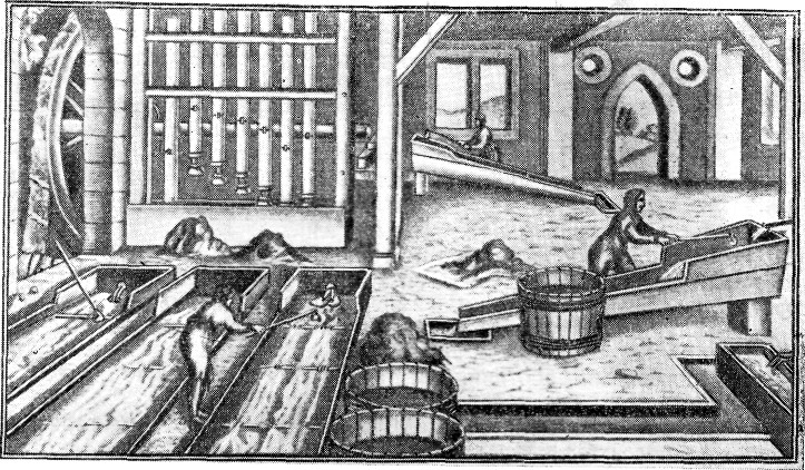 Типовая работа с рудой в начале XVIII века. Слева — процесс дробления руды при помощи специальных молотков. Справа — промывка для отделения непосредственно золота в так называемых вашгердах 