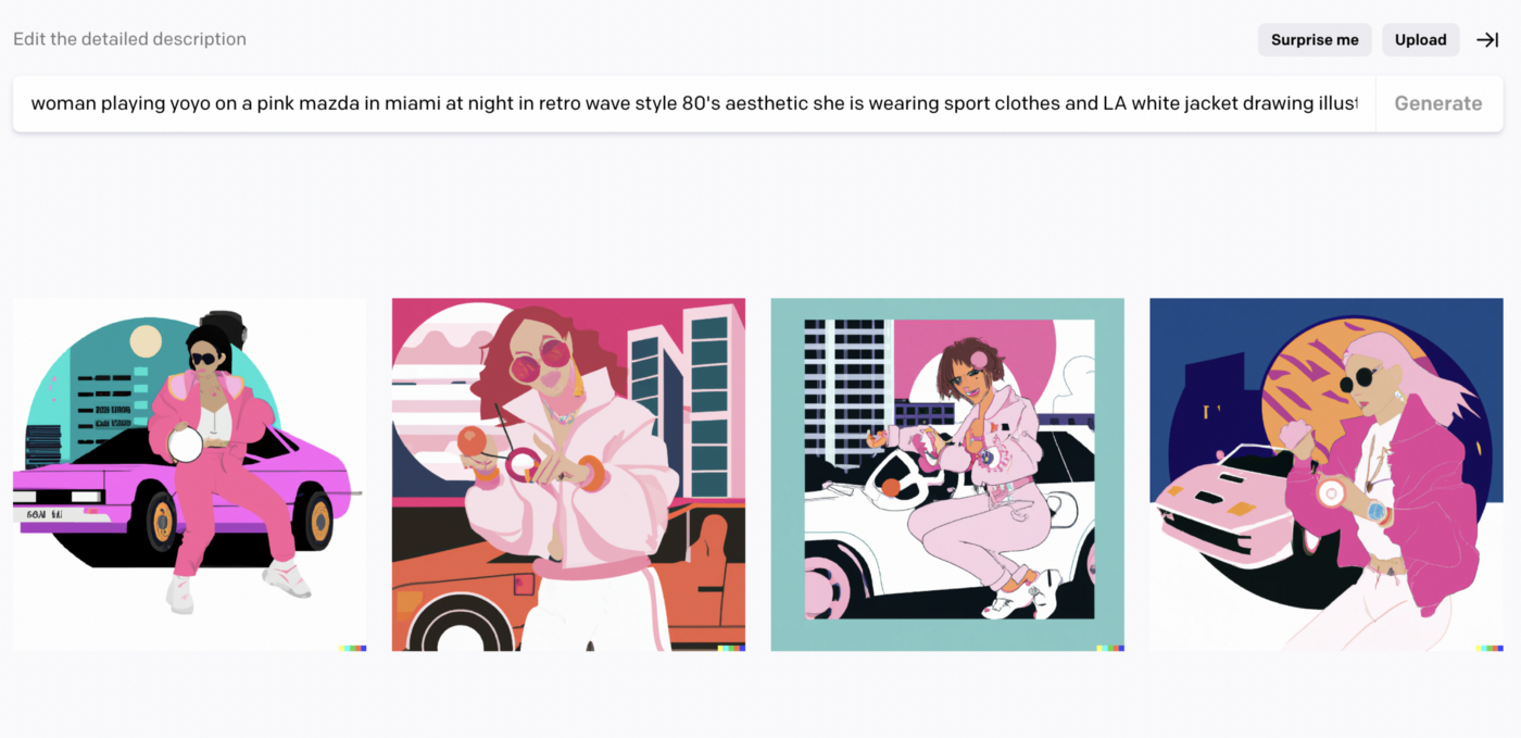 Описание: женщина играет с йо-йо у розовой Mazda ночью, стиль эстетика retro wave 80-х, на ней надет спортивный костюм и куртка с надписью LA, художественный рисунок