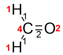 Молекула формальдегида. Валентности атомов - красным, порядки связей - черным.