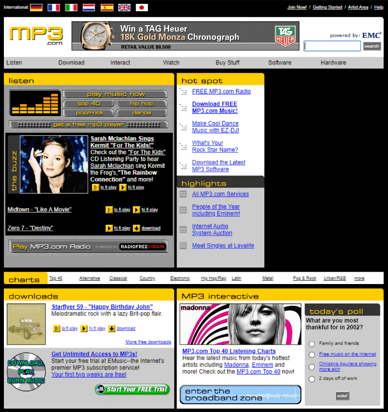 Сайт mp3.com передаёт привет из 90-х