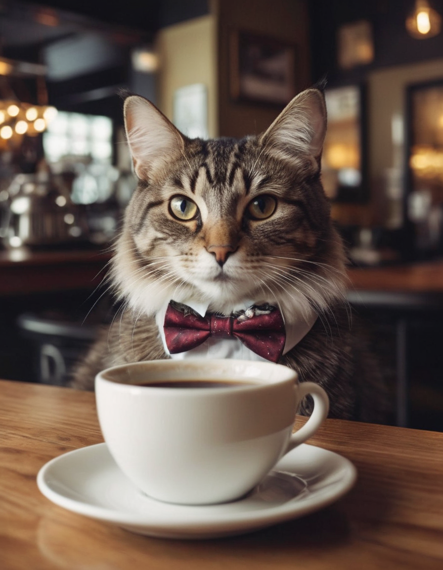 Cat with a bowtie in a coffee shop with steam effect in a cozy style