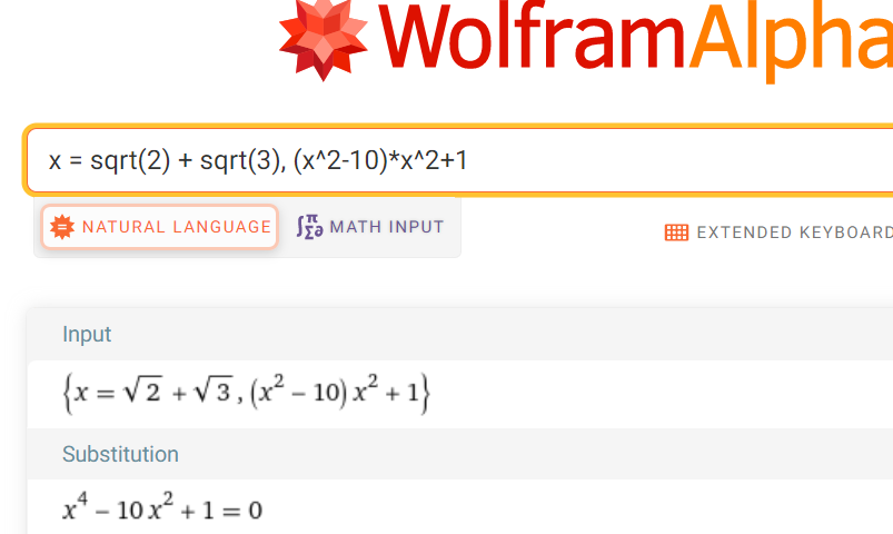 x = sqrt(2) + sqrt(3), (x^2-10)*x^2+1