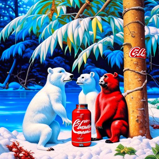 Два белых медведя и пингвин пьют кока-колу под пальмами в снегу
