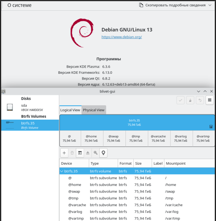 Debian 13 перенесенный на btrfs subvolume Debian 13 перенесенный на btrfs subvolume
