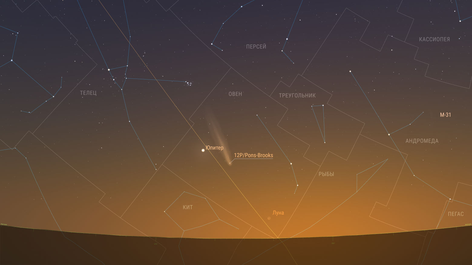 Комета продолжает движение по созвездию Овна и постепенно сближается с Юпитером. Предполагаемая звездная величина 3,89m. Элонгация 24 градуса.