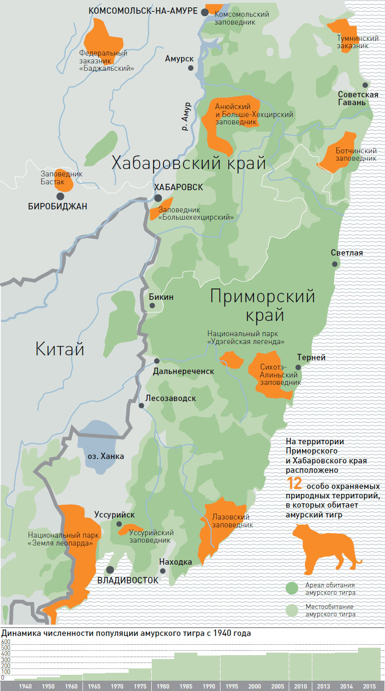 Карта популяции амурских тигров
