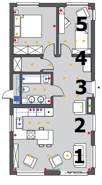 Схема модульного дома, входная дверь в центре стены прихожей   