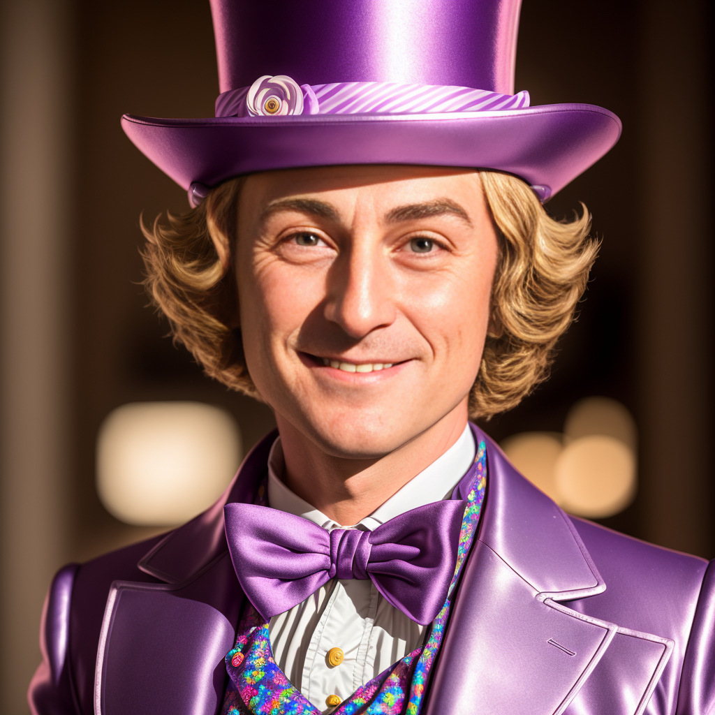 Smirking willy wonka, high-quality photo, soft light, highly detailed, Nikon D850 DSLR, 8k Negative prompt: bad anatomy, bad proportions, blurry, cloned face, cropped, deformed, dehydrated, disfigured, duplicate, error, extra arms, extra fingers, extra legs, extra limbs, fused fingers, gross proportions, jpeg artifacts, long neck, low quality, lowres, malformed limbs, missing arms, missing legs, morbid, mutated hands, mutation, mutilated, out of frame, poorly drawn face, poorly drawn hands, signature, text, too many fingers, ugly, username, watermark, worst quality Steps: 150, Sampler: Euler a, CFG scale: 7, Seed: 2966410217, Face restoration: CodeFormer, Size: 512x512, Model hash: 9aba26abdf, Model: deliberate_v2, Denoising strength: 0.7, Hires upscale: 2, Hires upscaler: Latent