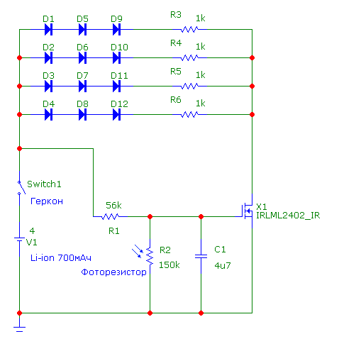 Схема Свецве. Светодиод заменён на 3 диода для корректного моделирования в MicroCap