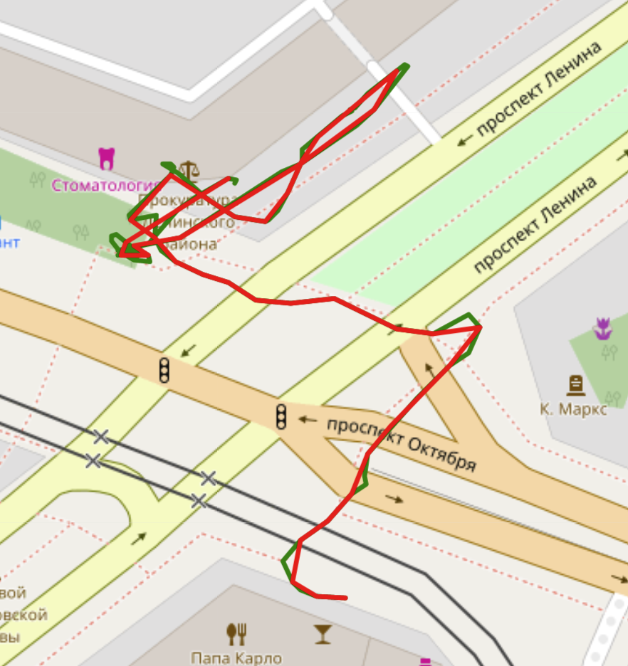 Отображение участка оригинального маршрута (зеленый) и маршрута после сворачивания точек (красный)