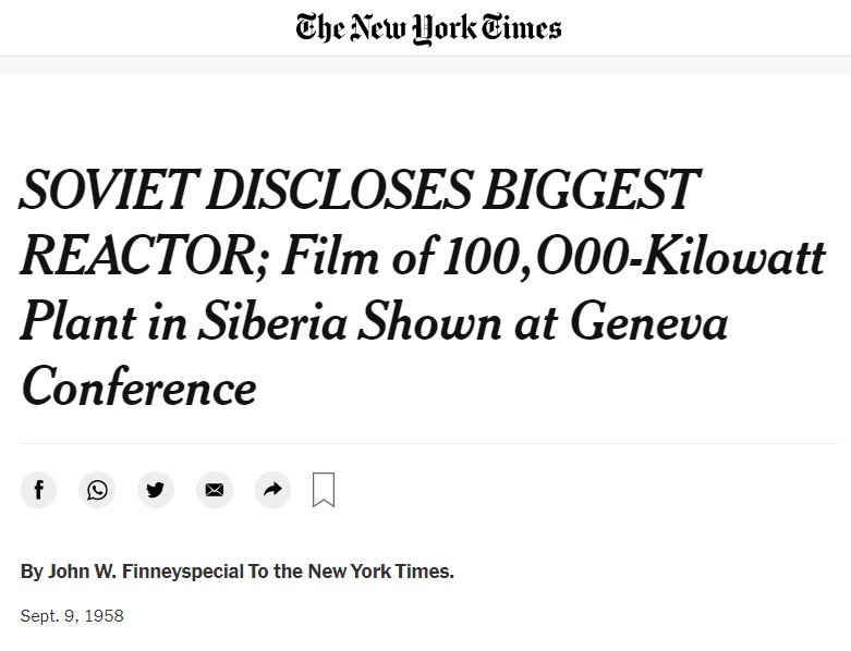 Заголовок в New York Times в 1958 году о показе в Женеве фильма о Сибирской АЭС