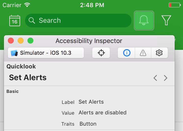Инспектирование accessibility свойств кнопки уведомления через Acessibility Inspector