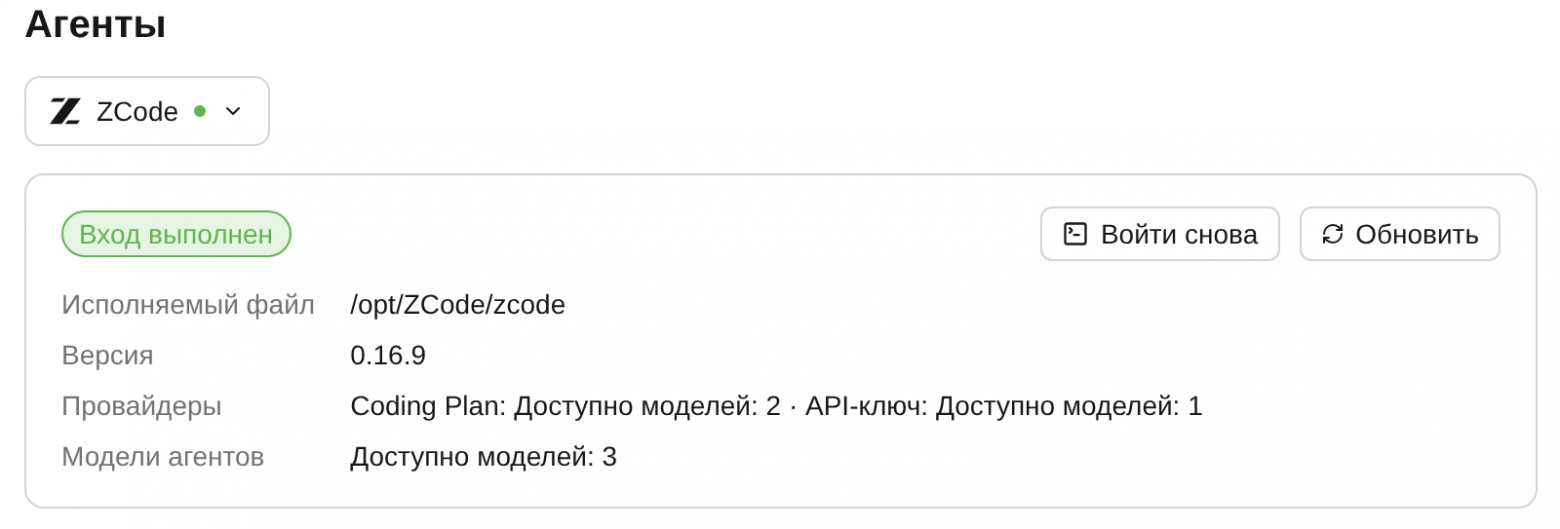 Карточка ZCode в настройках: строка «Провайдеры» показывает, есть ли вход в Coding Plan и провайдеры с ключом