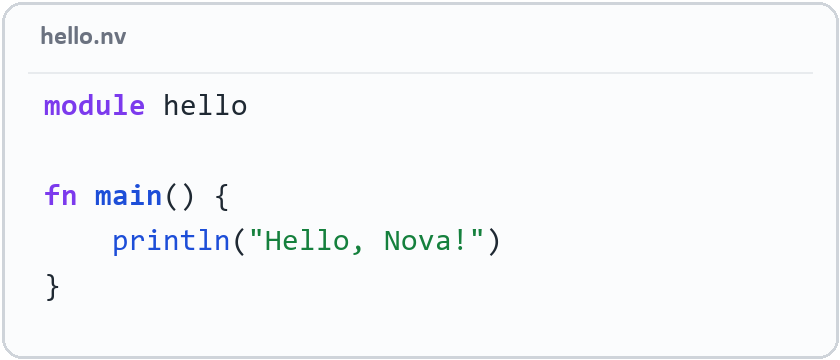 Код Nova: module hello; fn main() { println("Hello, Nova!") }