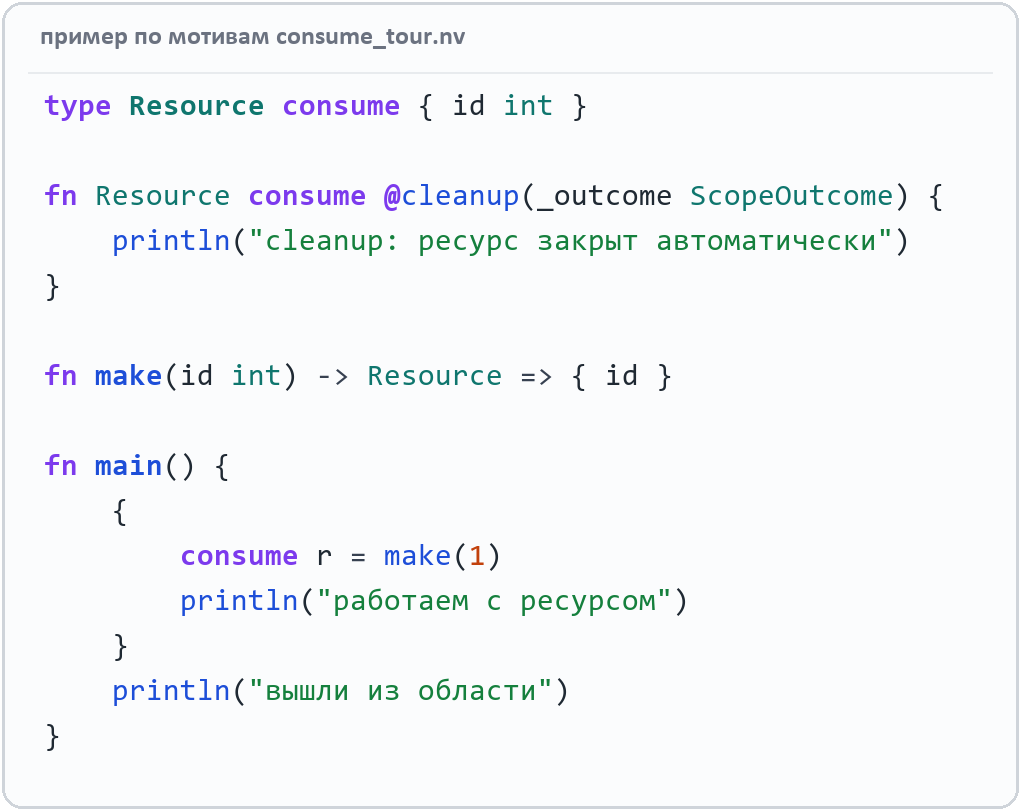 Код Nova: ресурс Resource с методом @cleanup, функция make и блок, в котором значение не потребляется явно