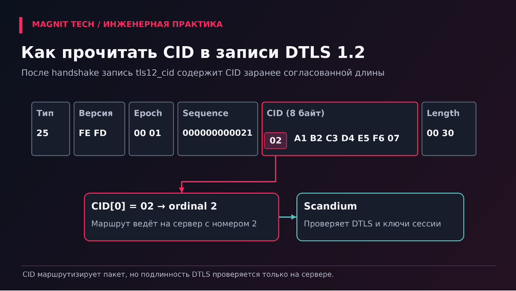 Схема 4. Как прокси читает CID в записи DTLS 1.2: первый байт — номер сервера.