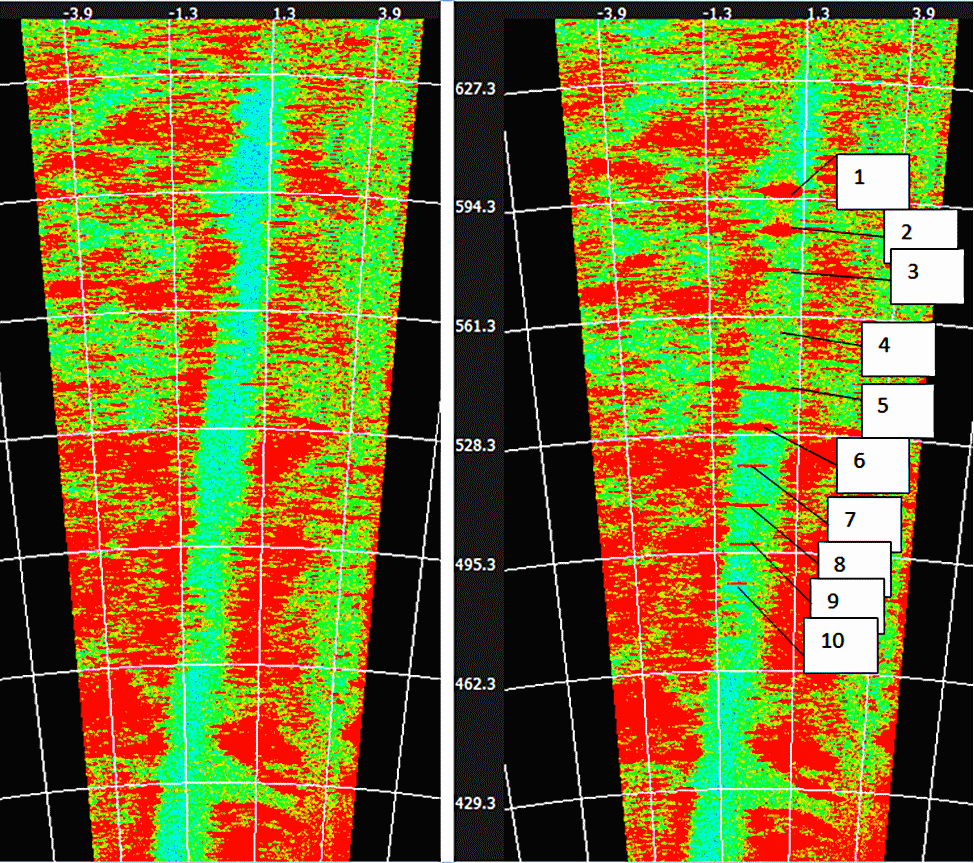 Слева – радарная картина пустой ВПП, справа – ВПП с 10 посторонними предметами