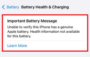 Когда в iPhone устанавливаются аккумуляторы не от Apple, в Настройках появляется это предупреждение