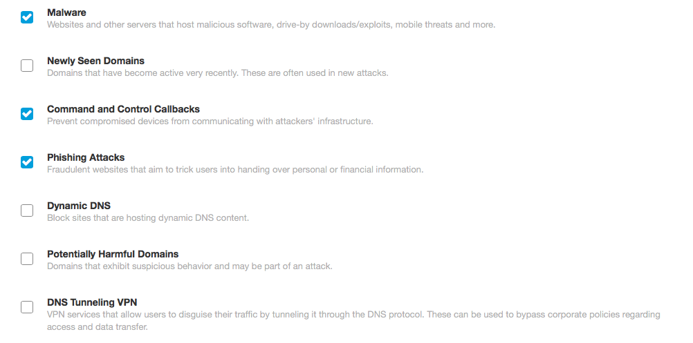 Некоторые категории блокируемых узлов в Интернет с помощью Cisco Umbrella