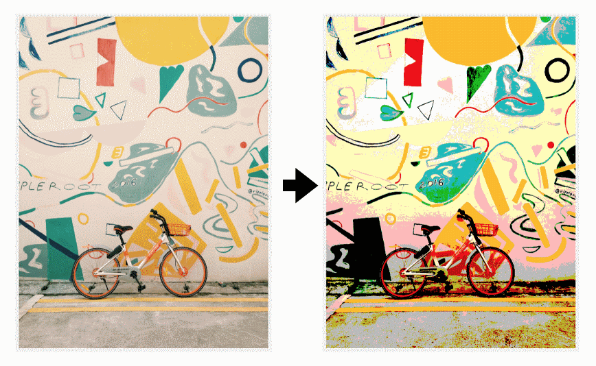 Применение эффекта постеризации к изображению слева при помощи **feComponentTransfer** уменьшает количество цветов в этом изображении (справа)