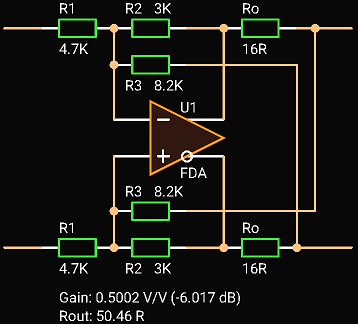 'Circuit Calculator', Fully Differential Active Termination Driver, Unloaded Gain = 1, Loaded Gain = 0.5, Zout = 50 Ohm