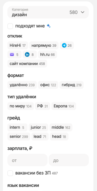 Фильтры: грейд, зарплата, формат, удалёнка по миру, РФ или Европе, язык вакансии и способ отклика Фильтры вакансий HireHi