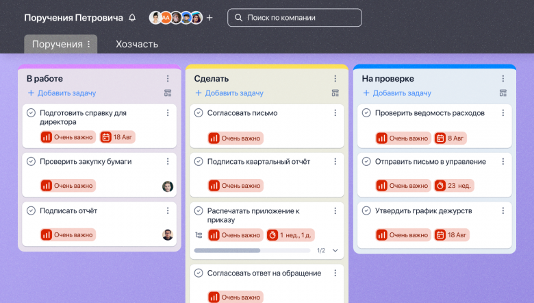 Стикеры в YouGile помогают отмечать приоритеты, сроки и другие параметры задач. Можно настроить систему под процессы команды. Или придумать отдельный уровень срочности для поручений Петровича.