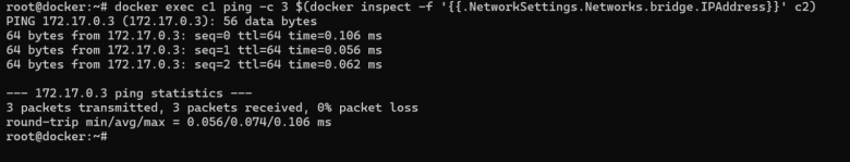 Проверка сетевой связности между Docker-контейнерами: успешная отправка ICMP-запросов с помощью утилиты ping.