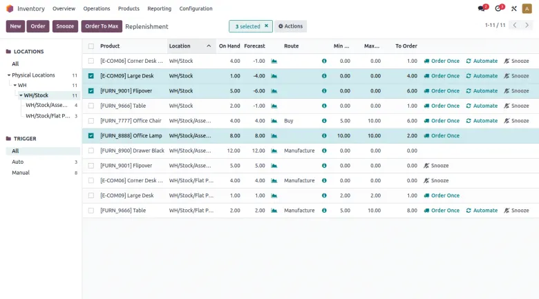 Экран пополнения запасов в Odoo Inventory
